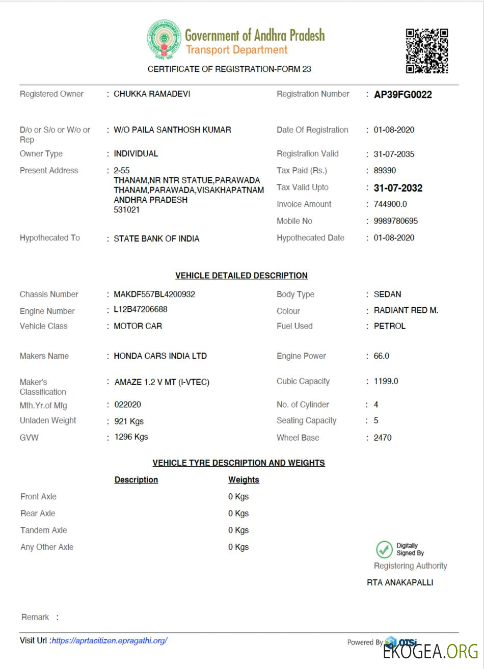 Inde Andhra Pradesh certificat d'immatriculation du véhicule